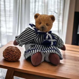 Belle Coeur Bears Cotton Polystone Brown Bear in Navy Stripes by Ross Collection